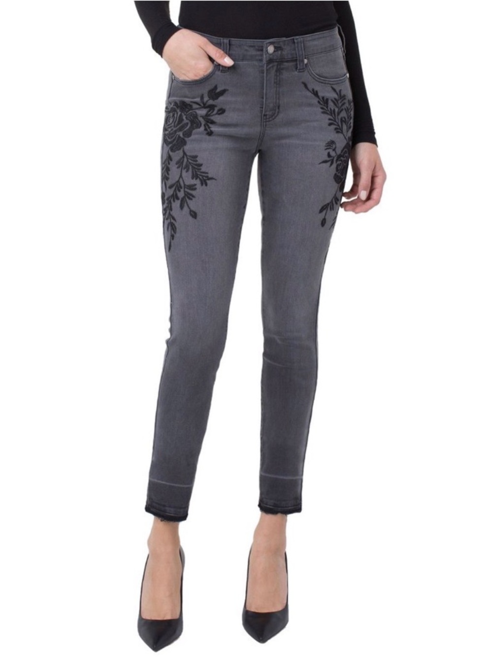Liverpool Jeans Company Gray Cropped Jeans with Black Floral Embroidery